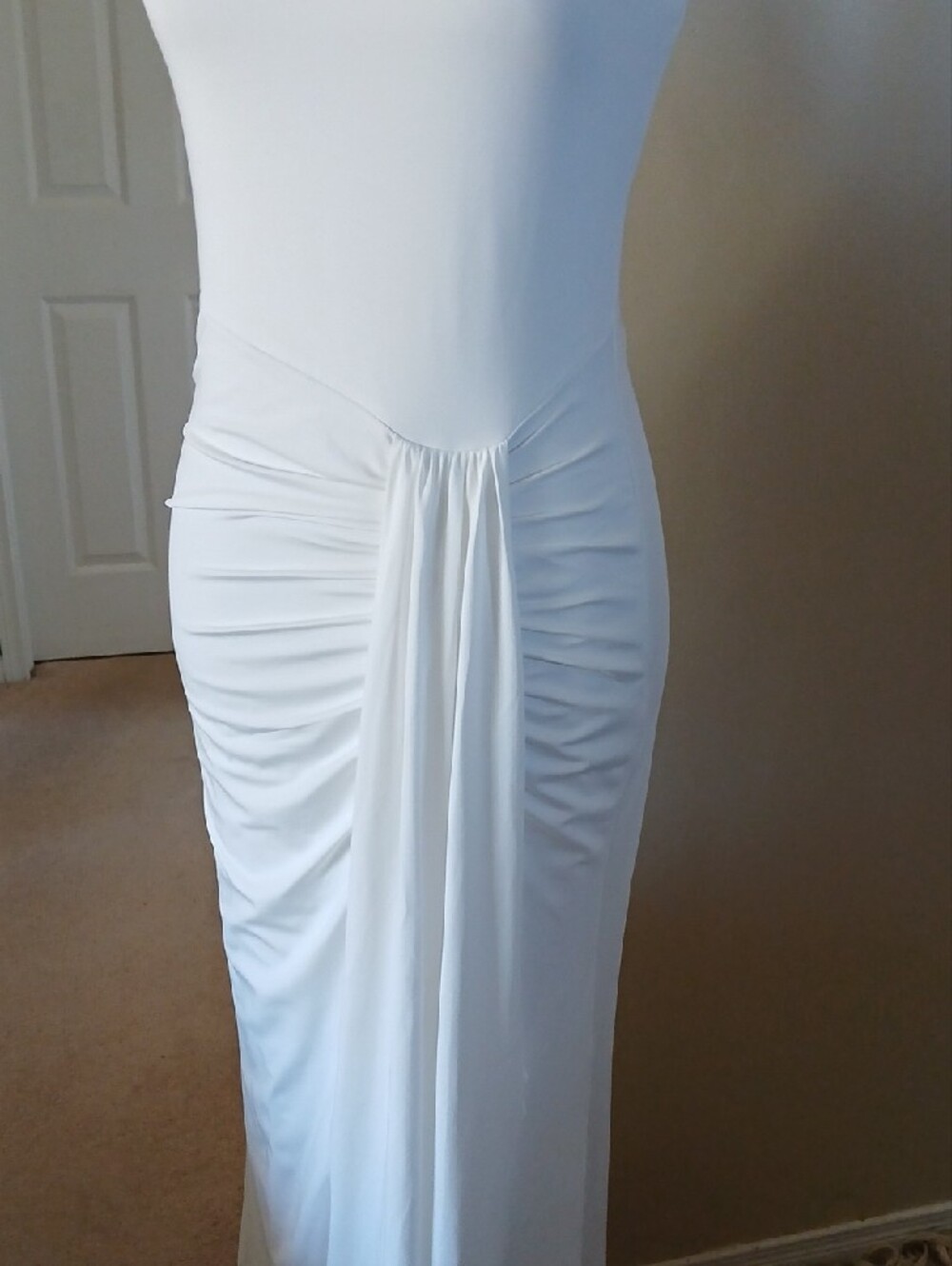 Off-Shoulder White Ruched Maxi Dress - Picture 6 of 13